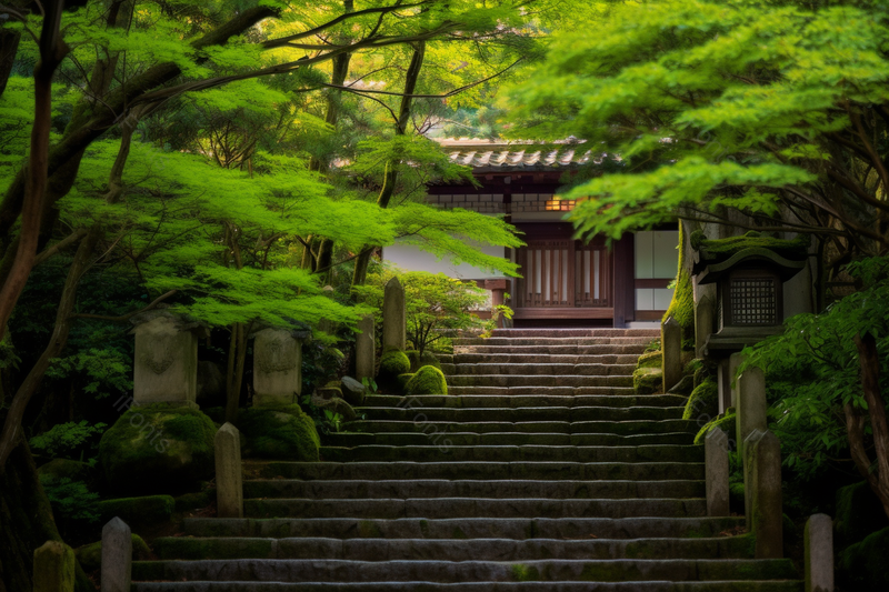 早春绿叶茂盛的树木神秘感禅意的台阶,高清,摄影图,摄影图片,图片大全,摄影图免费下载